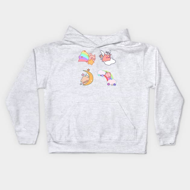 Four Rainbow Moon Pigs Kids Hoodie by saradaboru